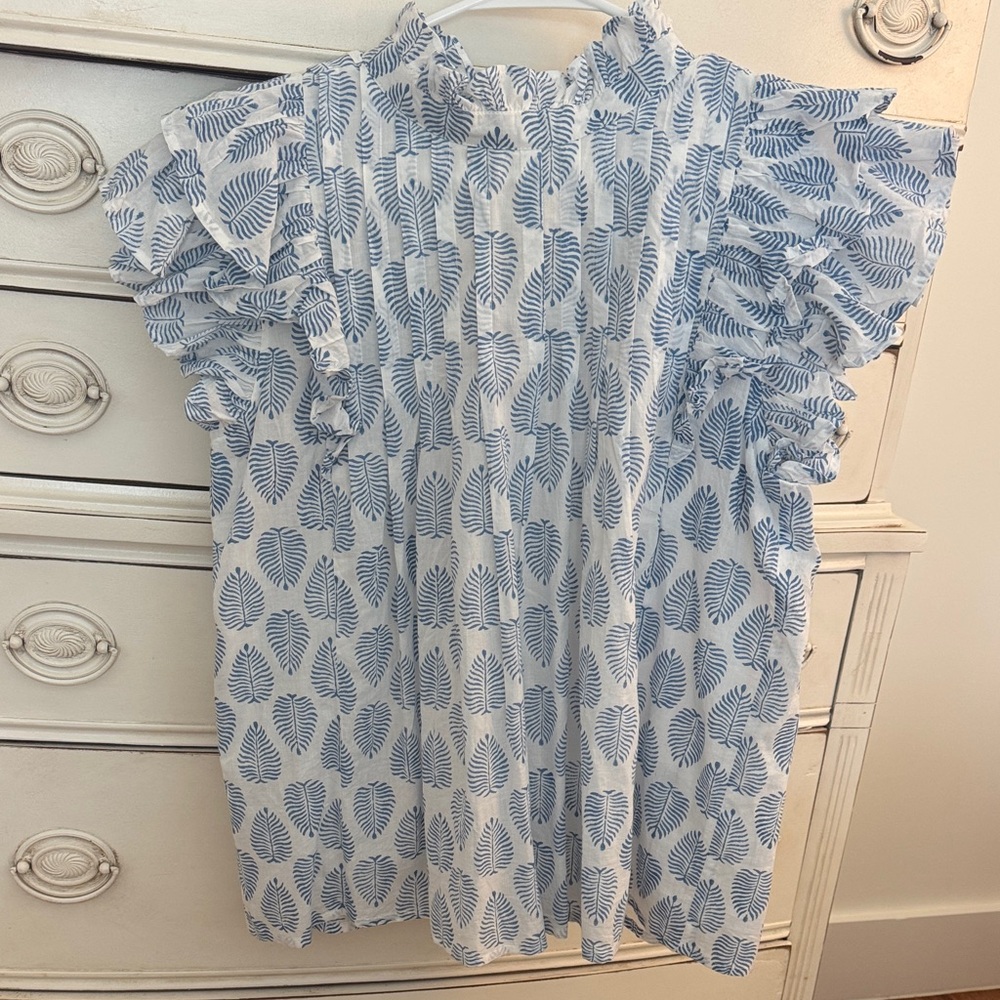 Victoria Dunn White Blouse with Light Blue Leaf Print